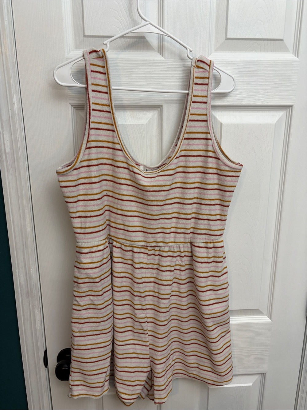bp Striped Tank Romper in Cream with Pink, Red, and Mustard Stripes